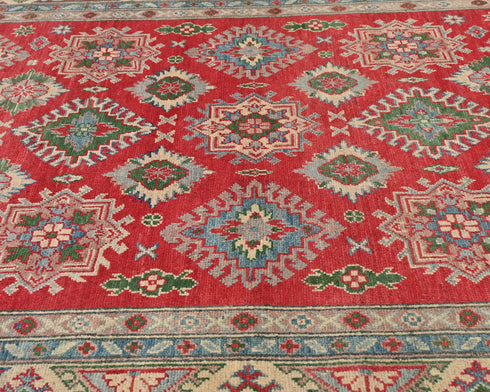 5x7 Red Kuba Afghan Hand Knotted Wool Area Rug